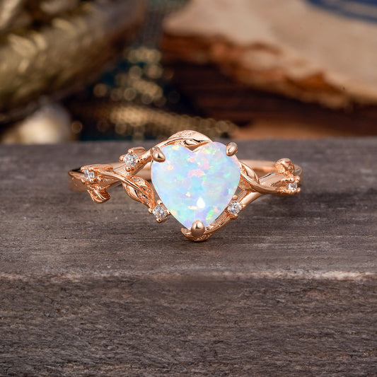 Nature-Inspired 3-Prong Heart-Shaped Opal Engagement Ring