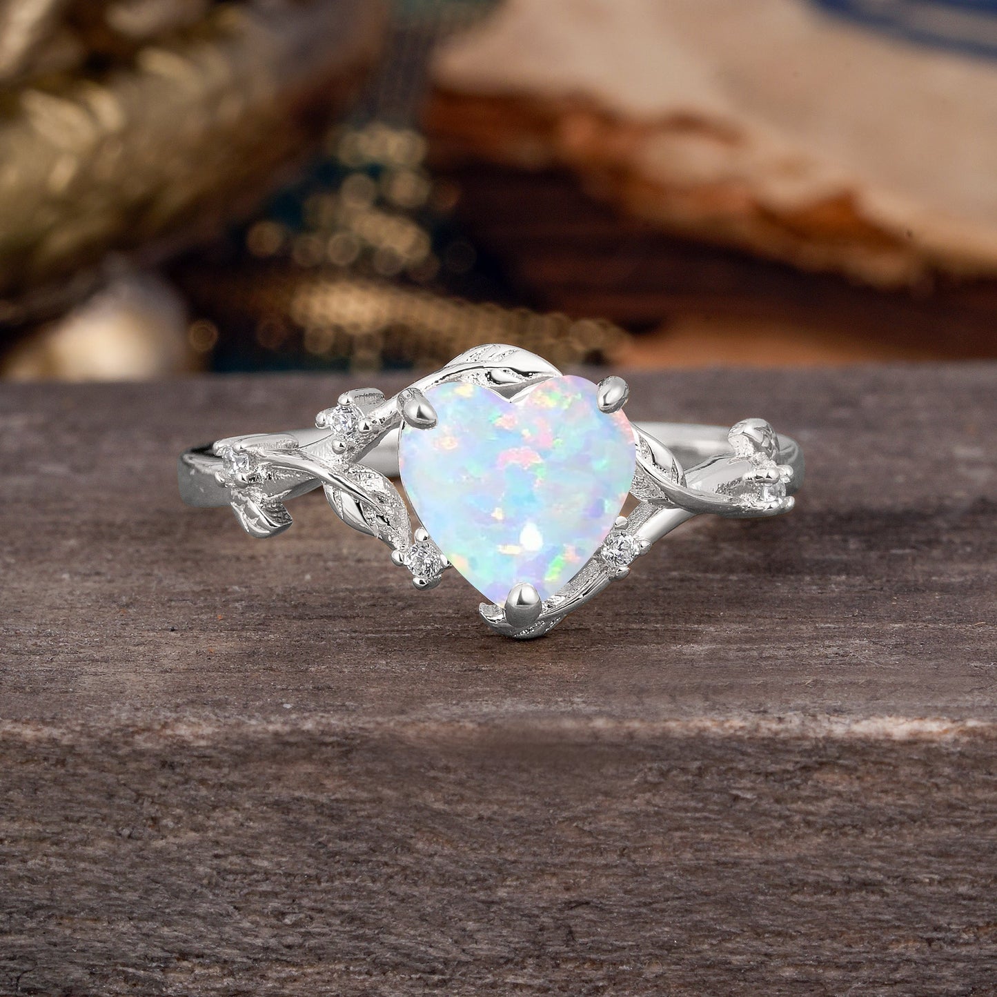 Nature-Inspired 3-Prong Heart-Shaped Opal Engagement Ring