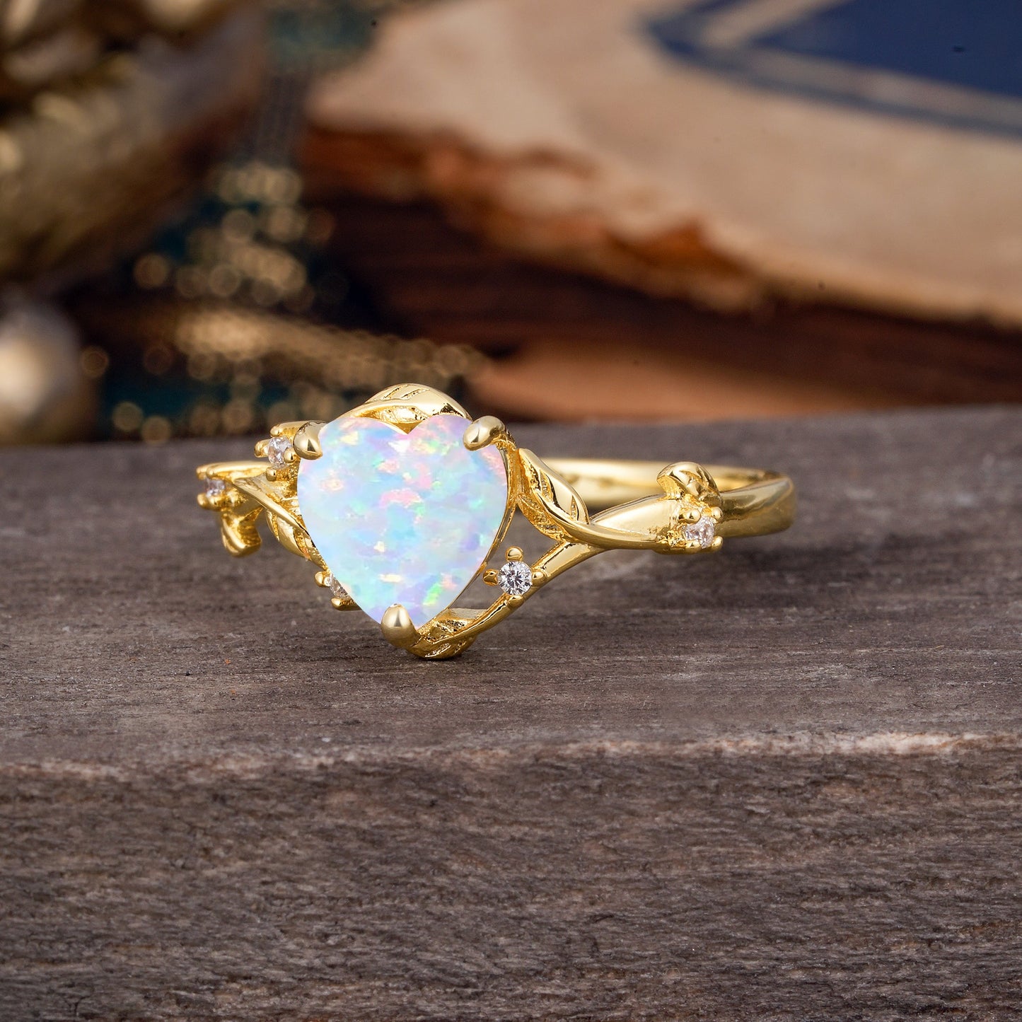 Nature-Inspired 3-Prong Heart-Shaped Opal Engagement Ring
