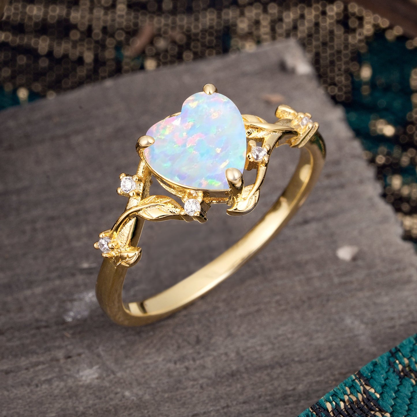 Nature-Inspired 3-Prong Heart-Shaped Opal Engagement Ring