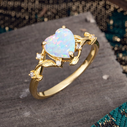 Nature-Inspired 3-Prong Heart-Shaped Opal Engagement Ring