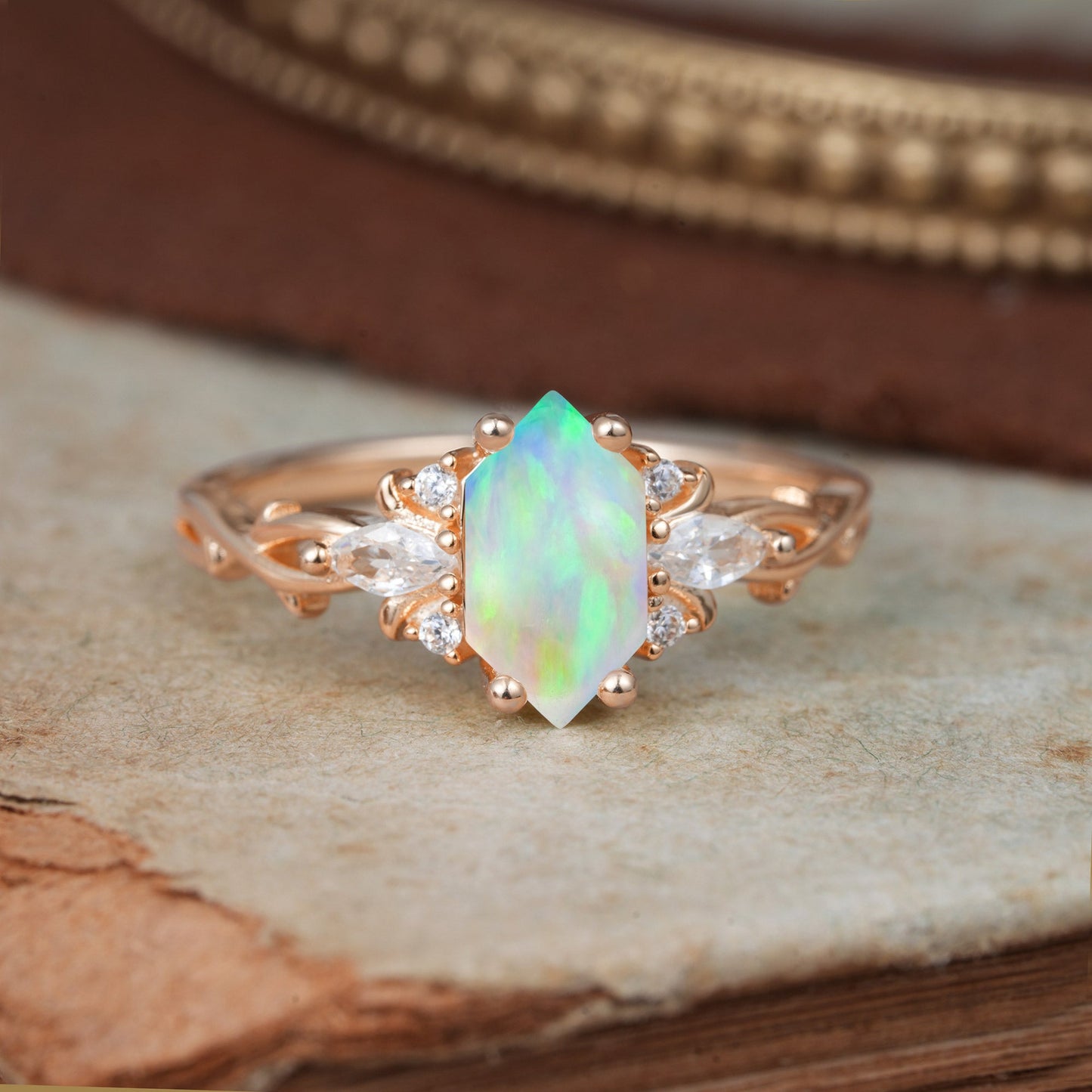 Nature-Inspired Classic 4-Prong Hexagonal-Cut Opal Engagement Ring