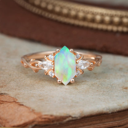 Nature-Inspired Classic 4-Prong Hexagonal-Cut Opal Engagement Ring