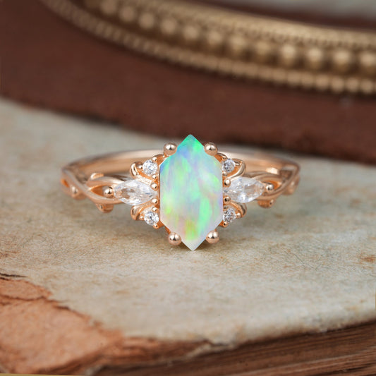 Nature-Inspired Classic 4-Prong Hexagonal-Cut Opal Engagement Ring