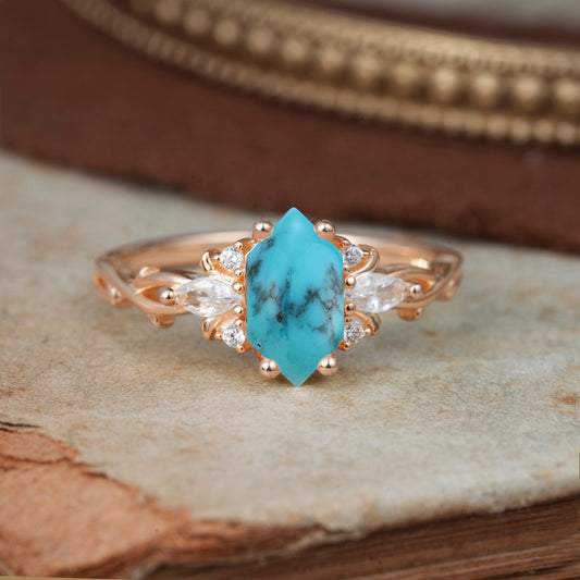 Nature-Inspired Classic 4-Prong Hexagonal-Cut Turquoise Engagement Ring