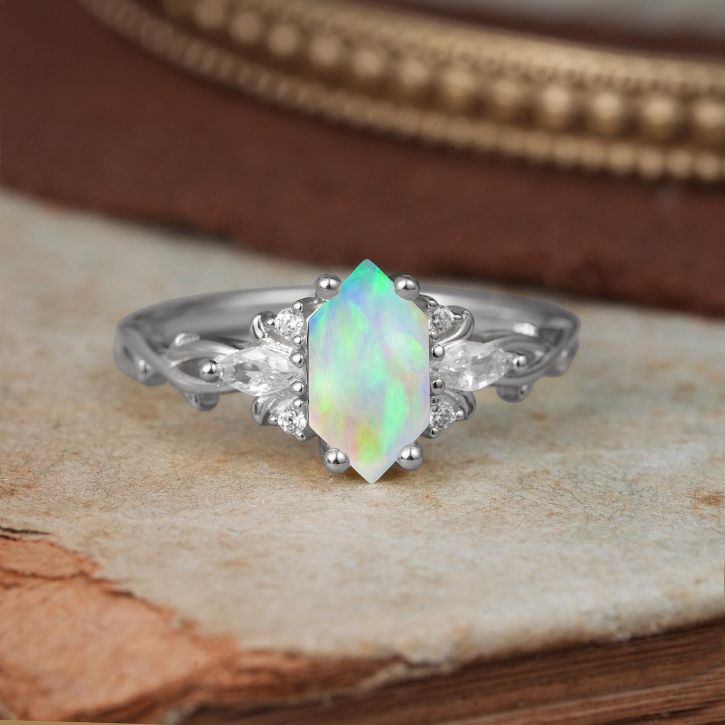 Nature-Inspired Classic 4-Prong Hexagonal-Cut Opal Engagement Ring