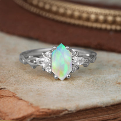 Nature-Inspired Classic 4-Prong Hexagonal-Cut Opal Engagement Ring