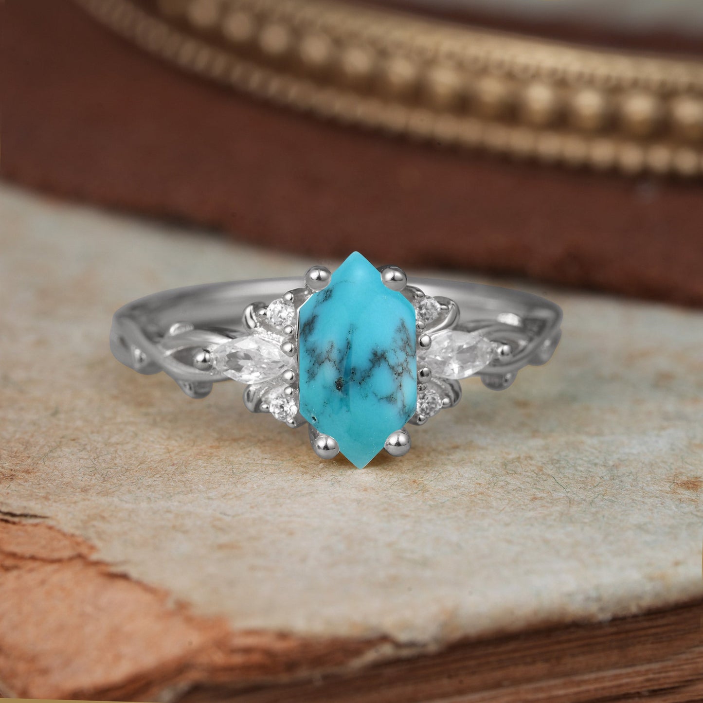 Nature-Inspired Classic 4-Prong Hexagonal-Cut Turquoise Engagement Ring