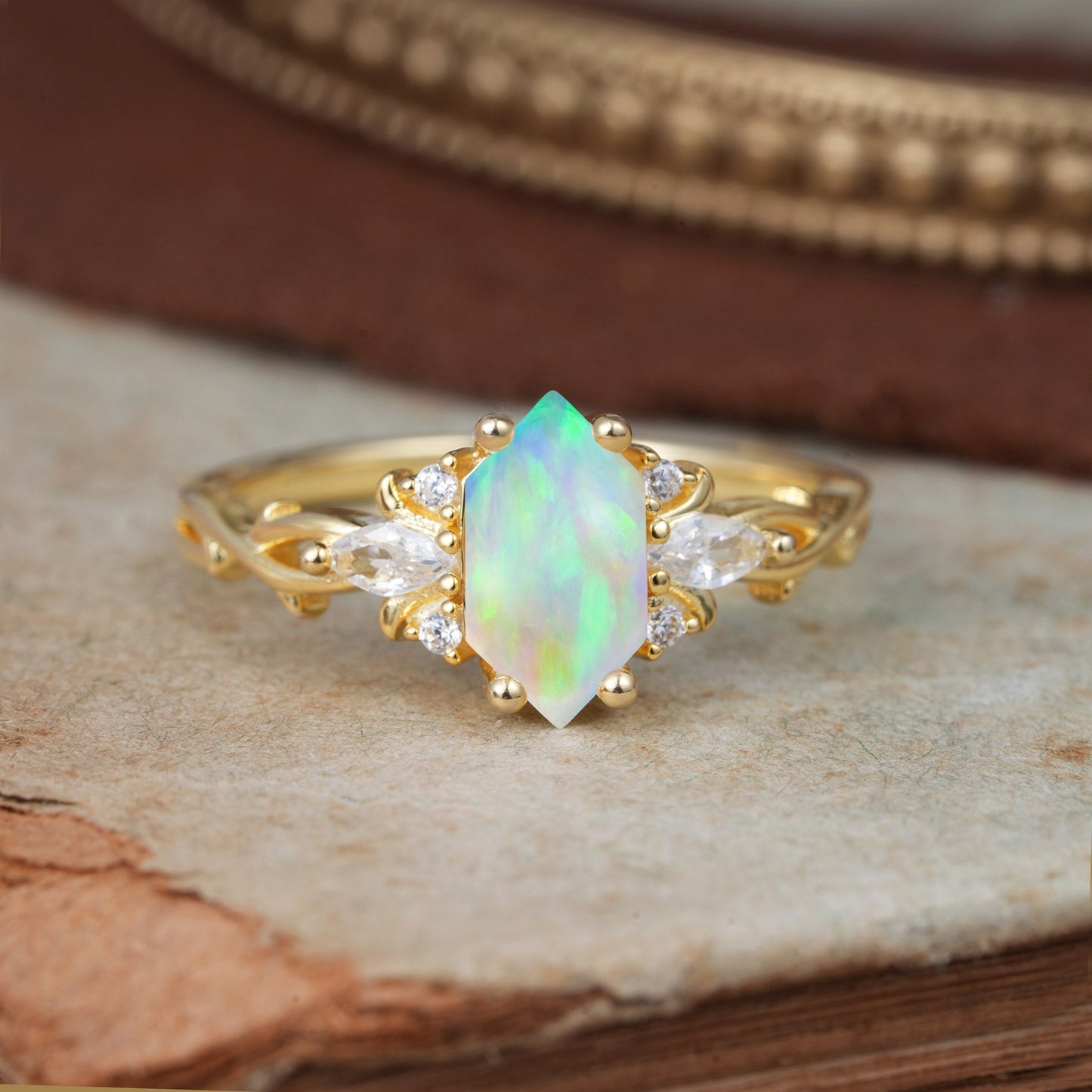 Nature-Inspired Classic 4-Prong Hexagonal-Cut Opal Engagement Ring