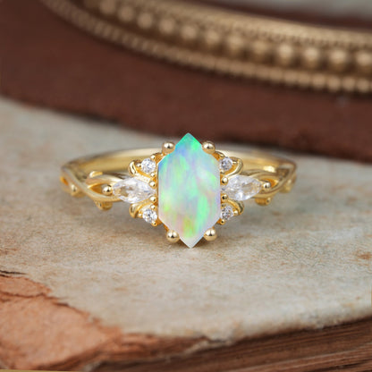 Nature-Inspired Classic 4-Prong Hexagonal-Cut Opal Engagement Ring