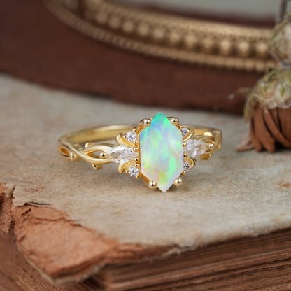 Nature-Inspired Classic 4-Prong Hexagonal-Cut Opal Engagement Ring