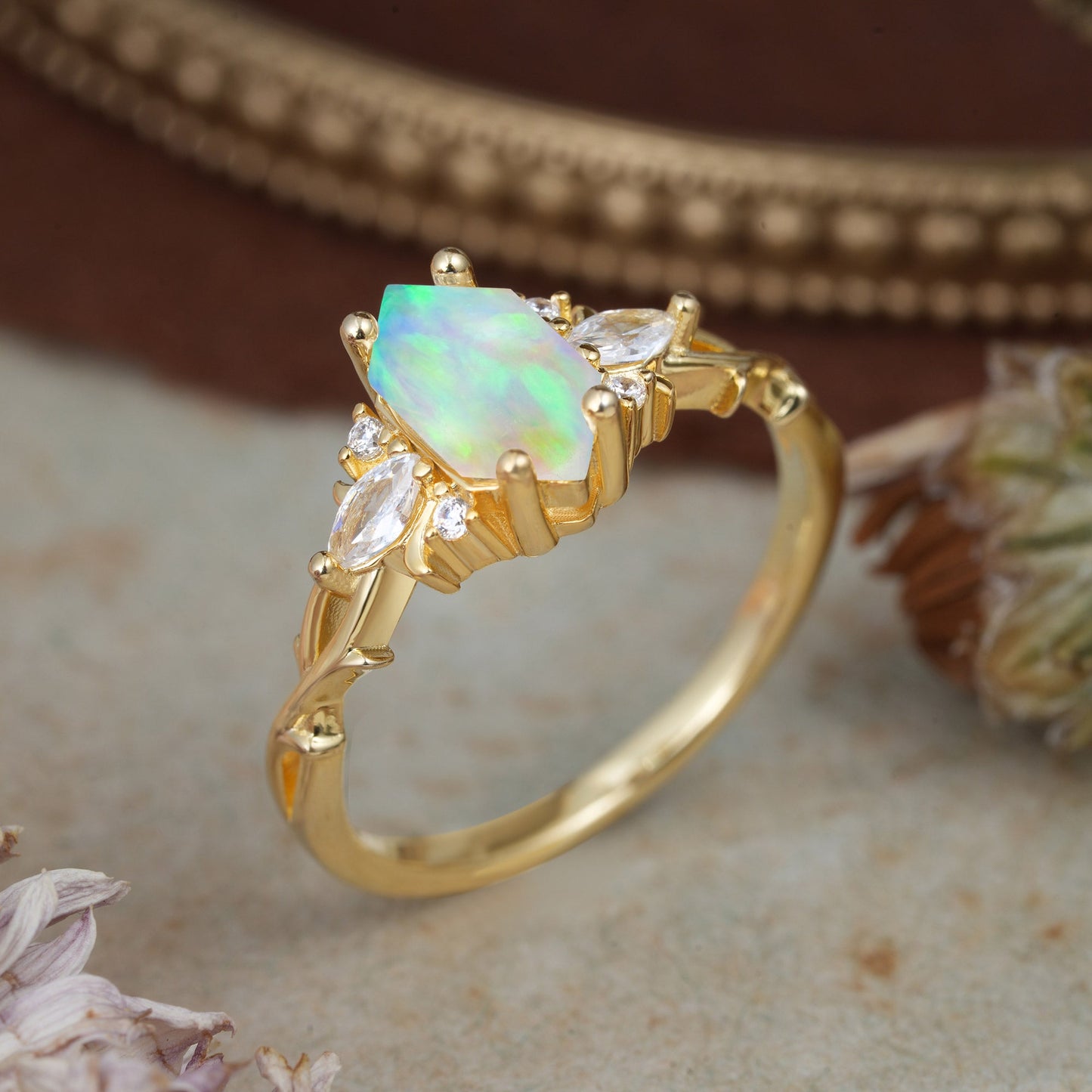 Nature-Inspired Classic 4-Prong Hexagonal-Cut Opal Engagement Ring