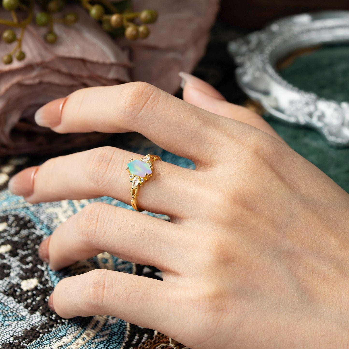Nature-Inspired Classic 4-Prong Hexagonal-Cut Opal Engagement Ring