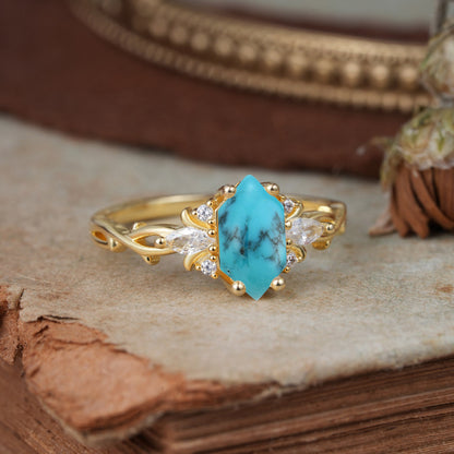 Nature-Inspired Classic 4-Prong Hexagonal-Cut Turquoise Engagement Ring