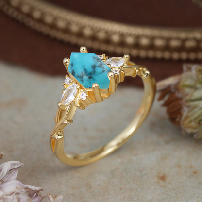 Nature-Inspired Classic 4-Prong Hexagonal-Cut Turquoise Engagement Ring