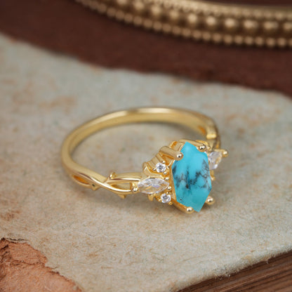 Nature-Inspired Classic 4-Prong Hexagonal-Cut Turquoise Engagement Ring