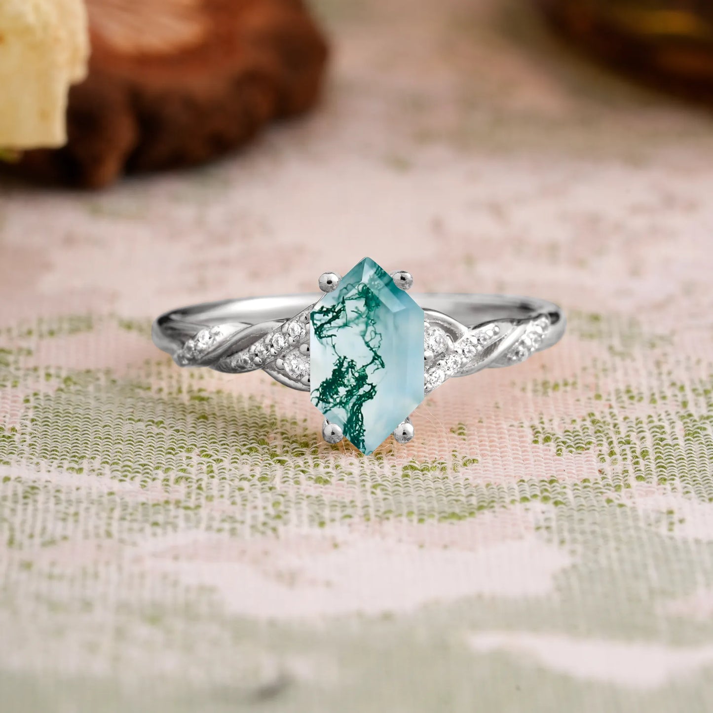 Classic 4-Prong Hexagonal-Cut Moss Agate Engagement Ring
