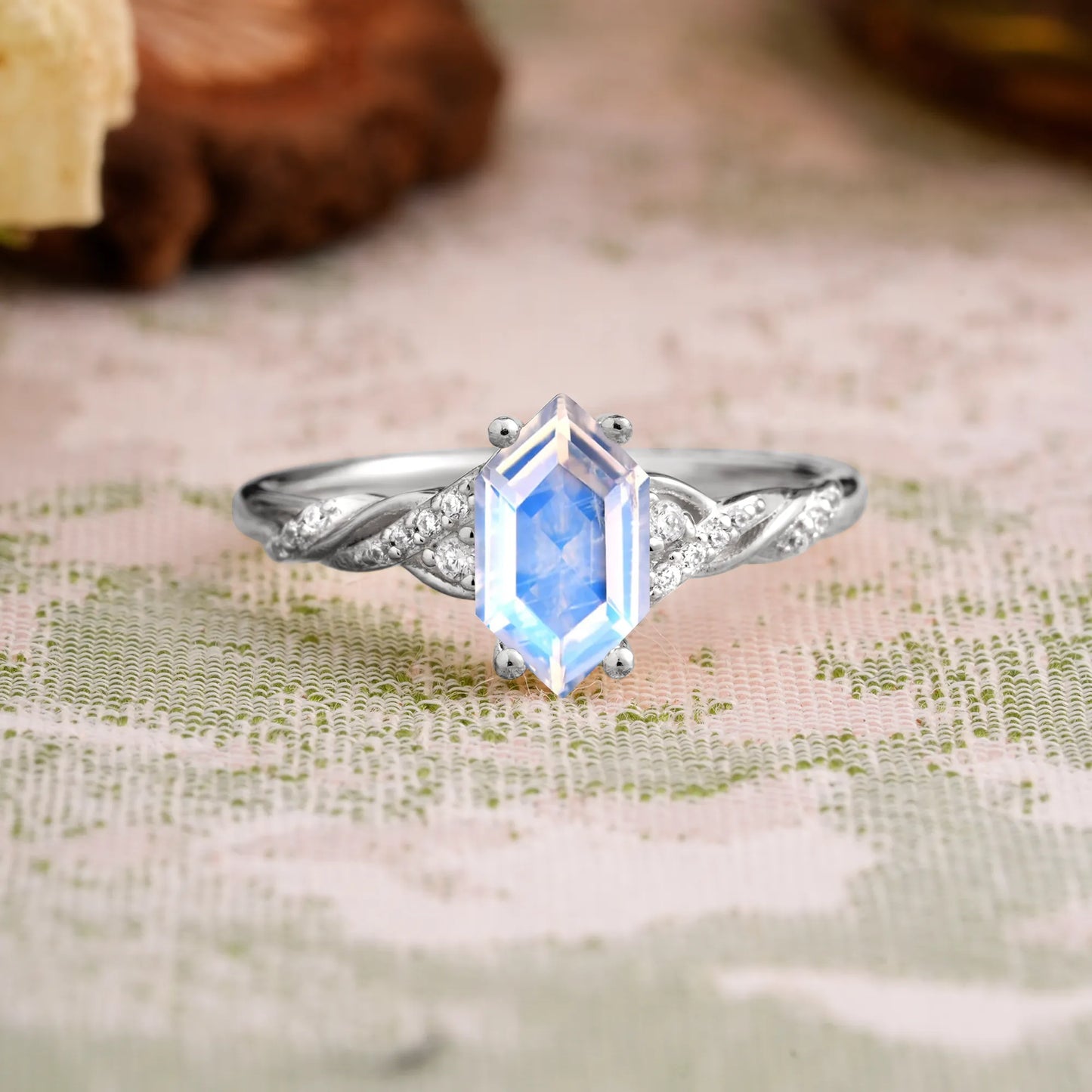 Classic 4-Prong Hexagonal-Cut Natural Moonstone Engagement Ring