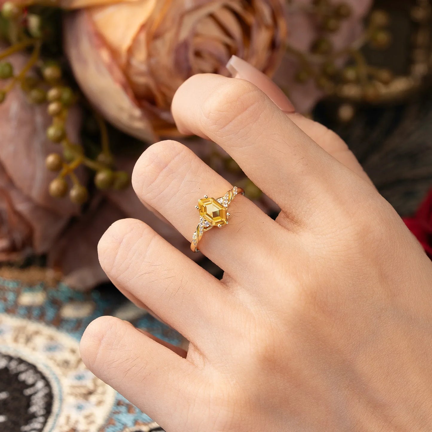 Classic 4-Prong Hexagonal-Cut Citrine Engagement Ring
