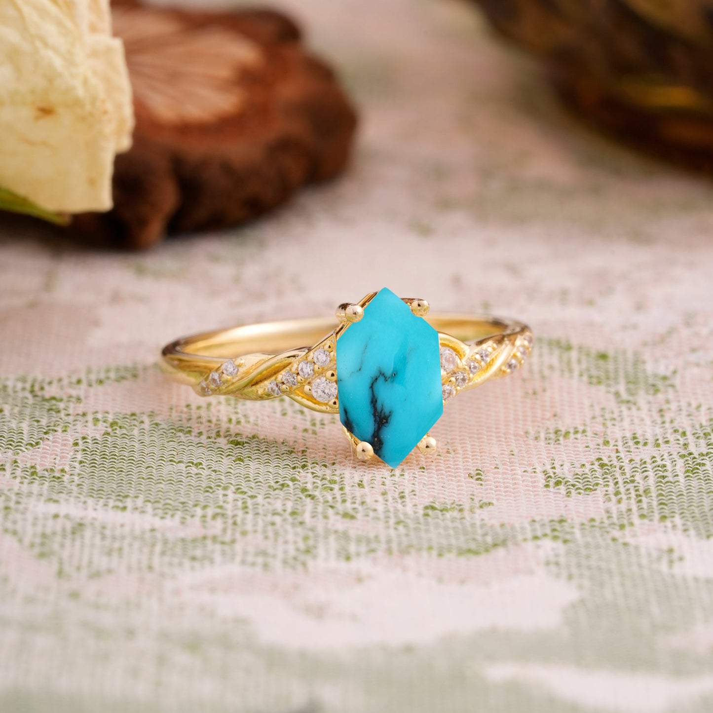 Classic 4-Prong Hexagonal-Cut Turquoise Engagement Ring