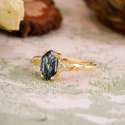 Classic 4-Prong Hexagonal-Cut Black Rutilated Quartz Engagement Ring