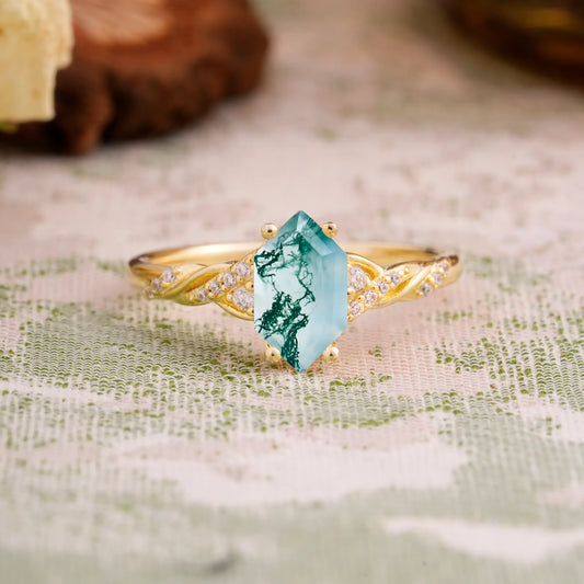 Classic 4-Prong Hexagonal-Cut Moss Agate Engagement Ring