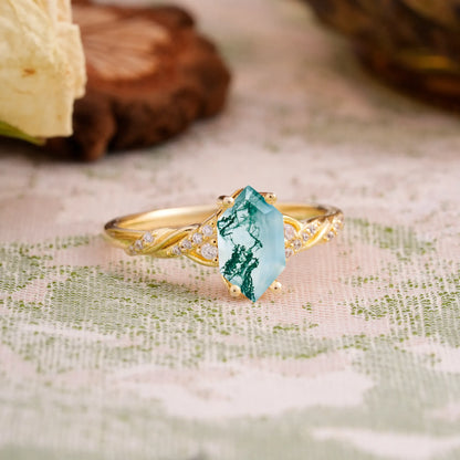 Classic 4-Prong Hexagonal-Cut Moss Agate Engagement Ring