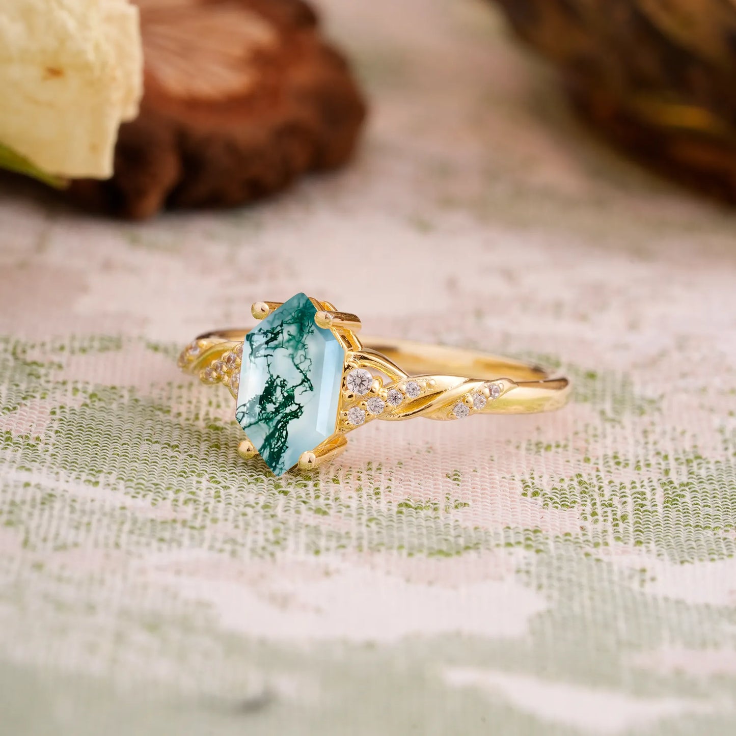 Classic 4-Prong Hexagonal-Cut Moss Agate Engagement Ring