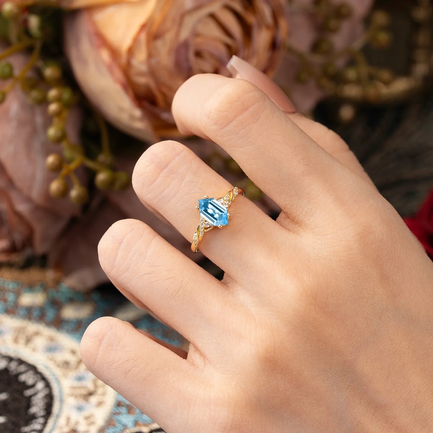 Classic 4-Prong Hexagonal-Cut Aquamarine Engagement Ring