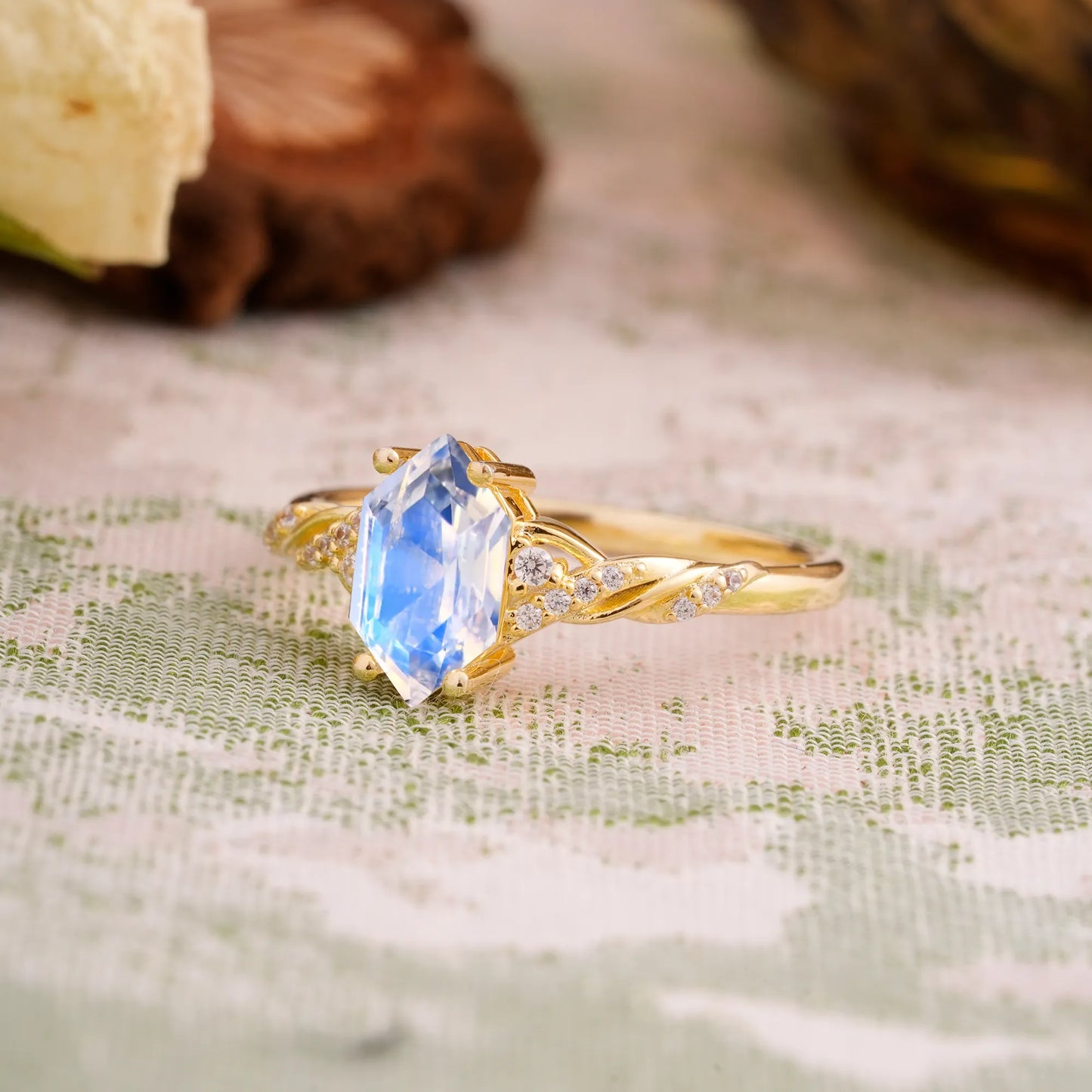 Classic 4-Prong Hexagonal-Cut Natural Moonstone Engagement Ring