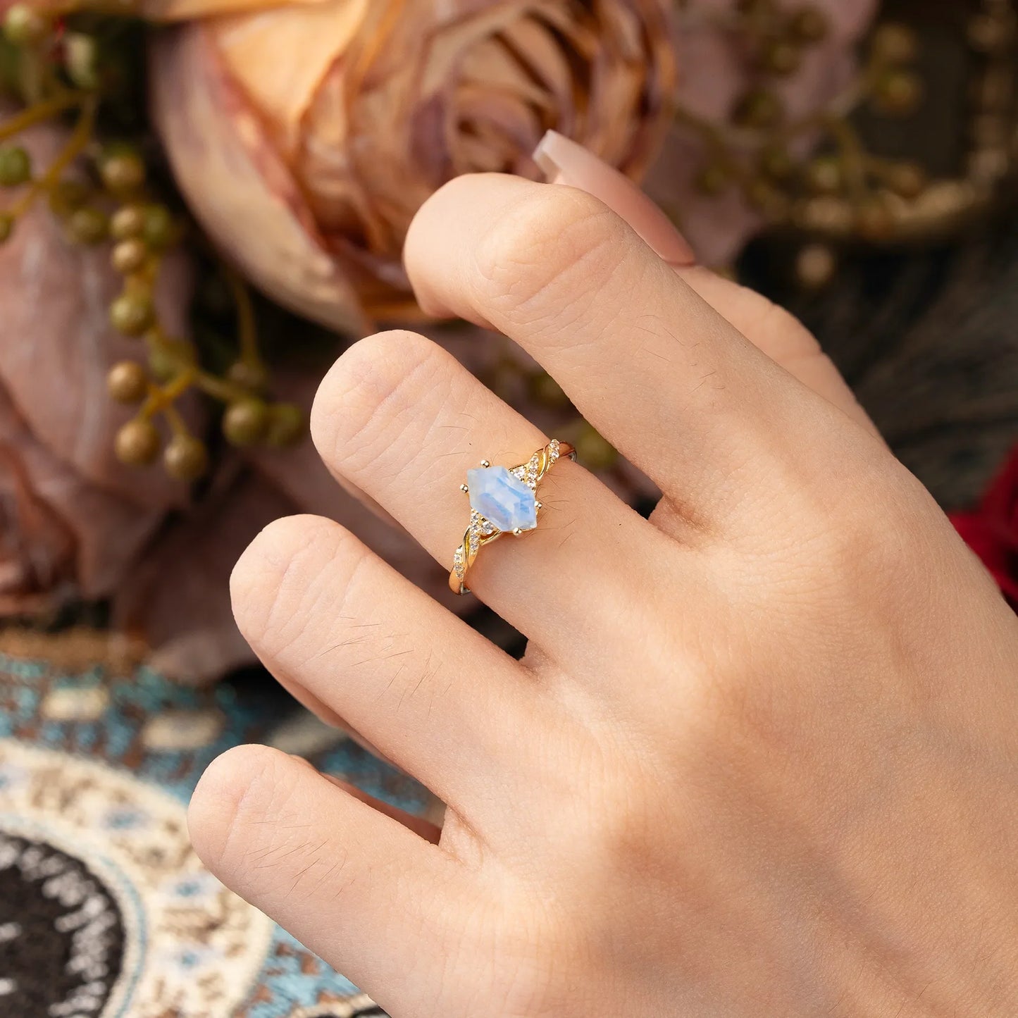 Classic 4-Prong Hexagonal-Cut Natural Moonstone Engagement Ring