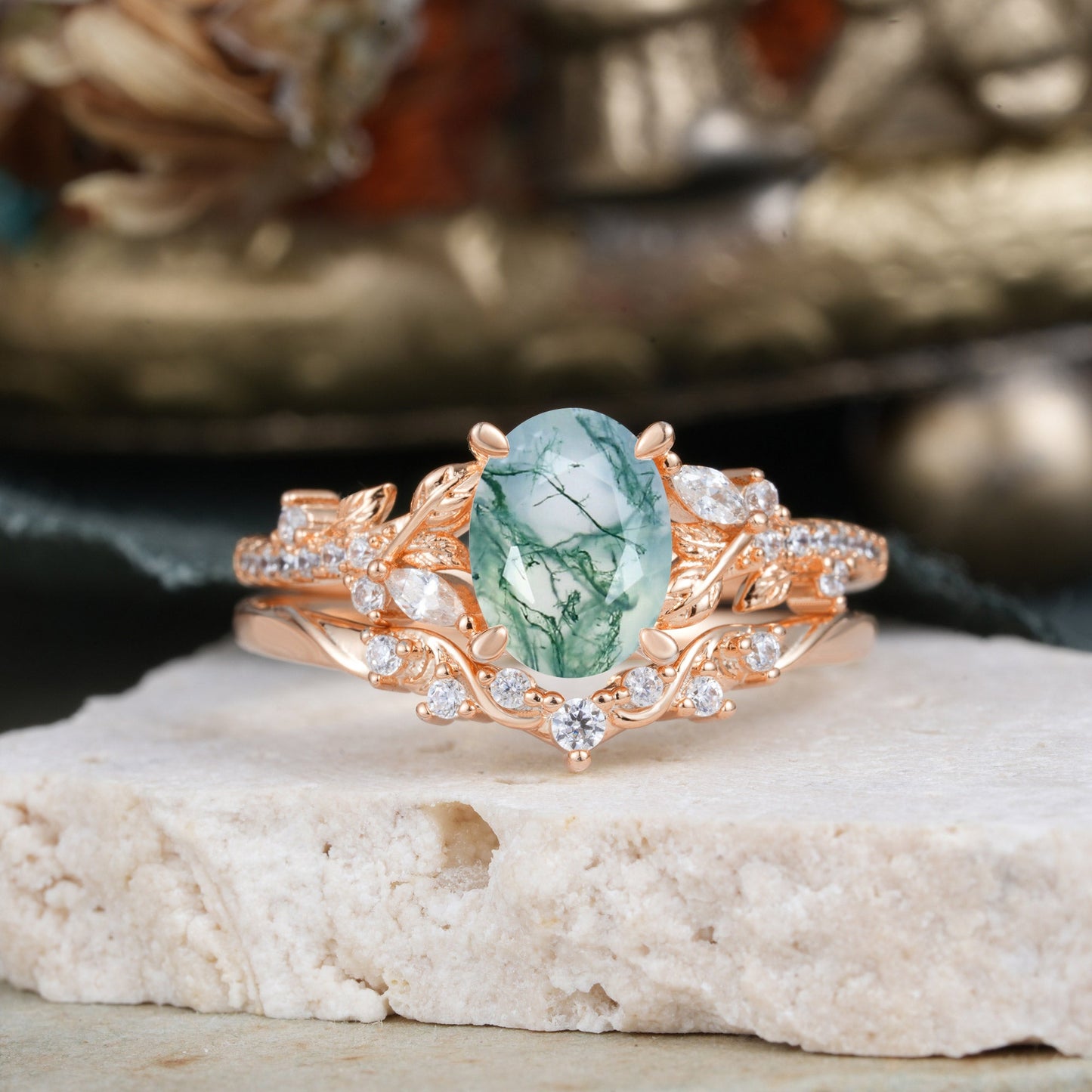 Custom-Made-(3ct) Vintage 4-Prong Oval-Cut Moss Agate Engagement Ring Set