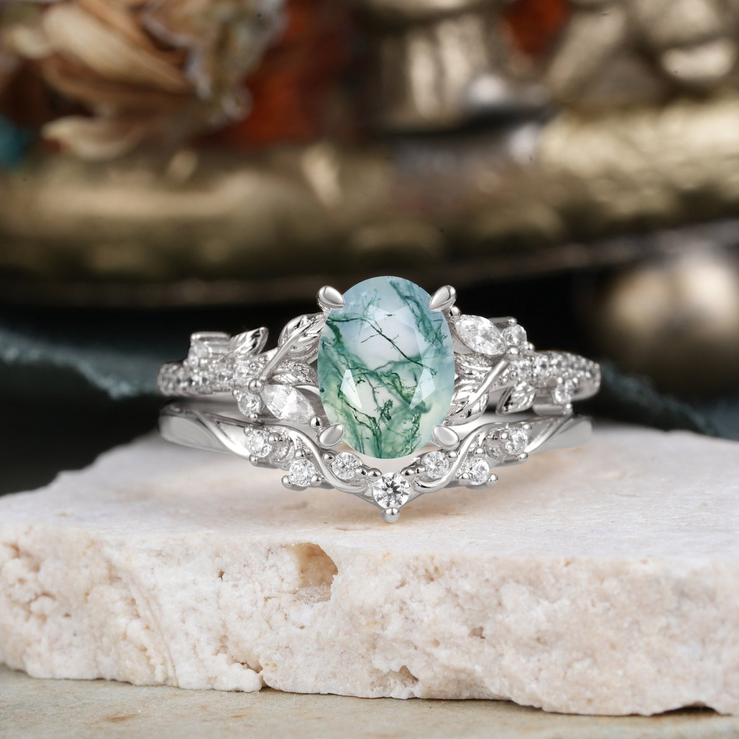 Custom-Made-(3ct) Vintage 4-Prong Oval-Cut Moss Agate Engagement Ring Set