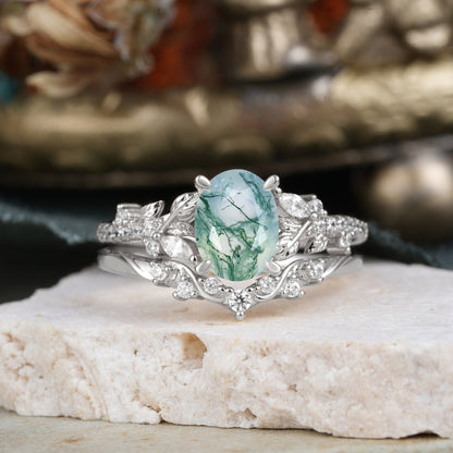 Custom-Made-(3ct) Vintage 4-Prong Oval-Cut Moss Agate Engagement Ring Set