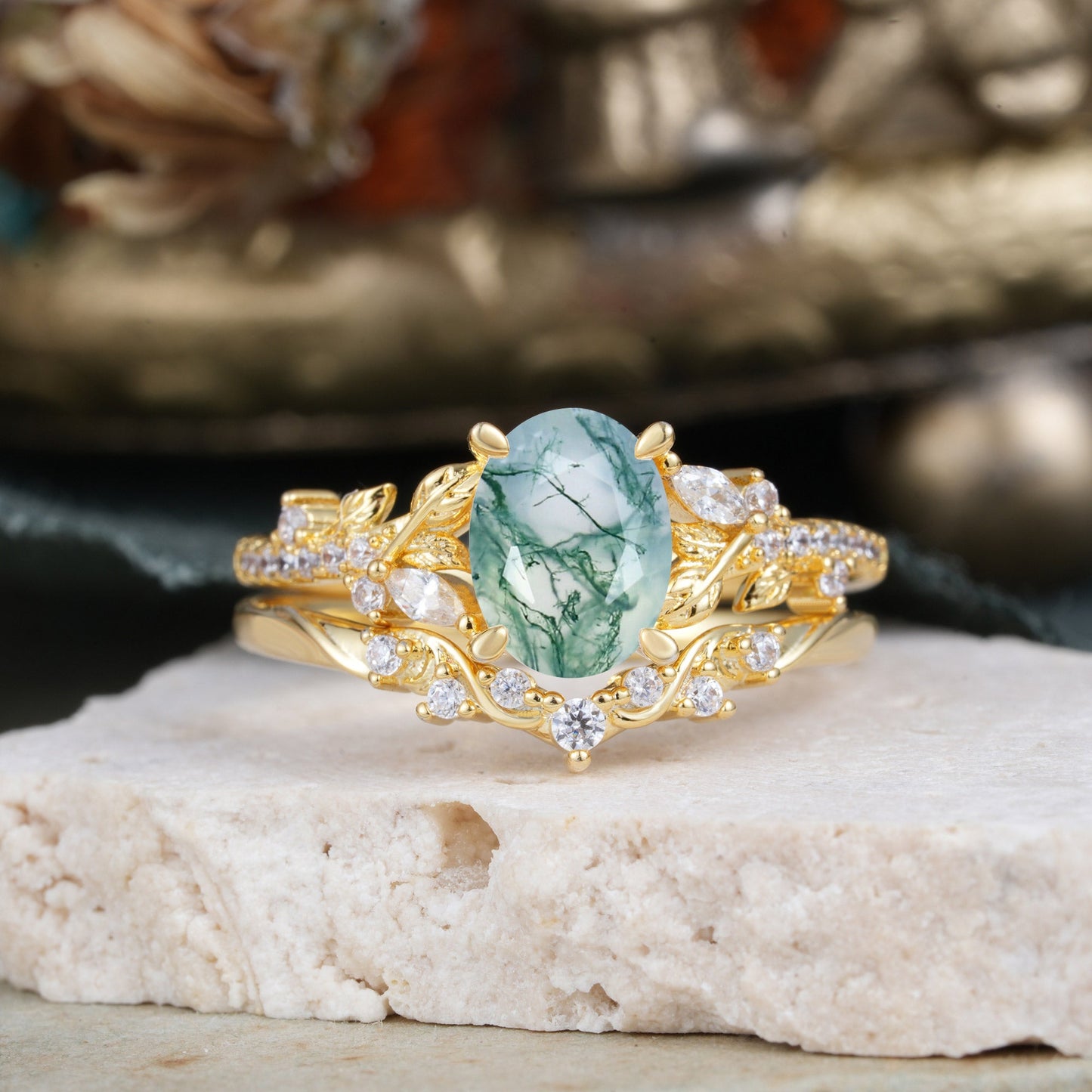 Custom-Made-(3ct) Vintage 4-Prong Oval-Cut Moss Agate Engagement Ring Set