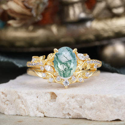 Custom-Made-(3ct) Vintage 4-Prong Oval-Cut Moss Agate Engagement Ring Set