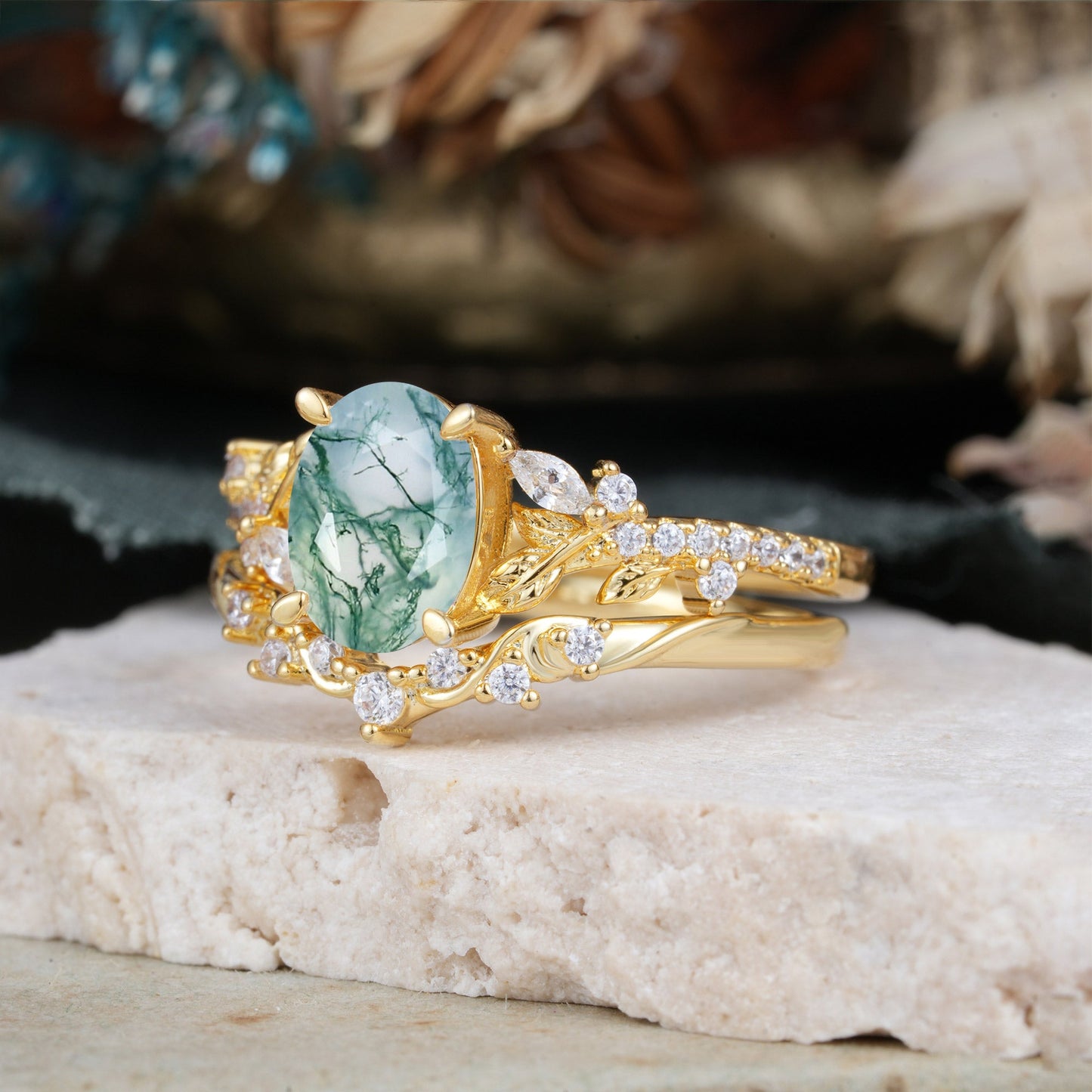 Custom-Made-(3ct) Vintage 4-Prong Oval-Cut Moss Agate Engagement Ring Set