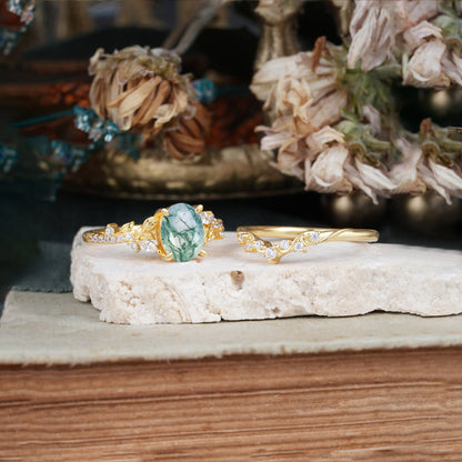 Custom-Made-(3ct) Vintage 4-Prong Oval-Cut Moss Agate Engagement Ring Set
