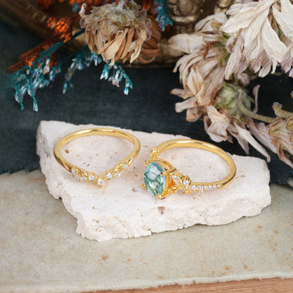 Custom-Made-(3ct) Vintage 4-Prong Oval-Cut Moss Agate Engagement Ring Set