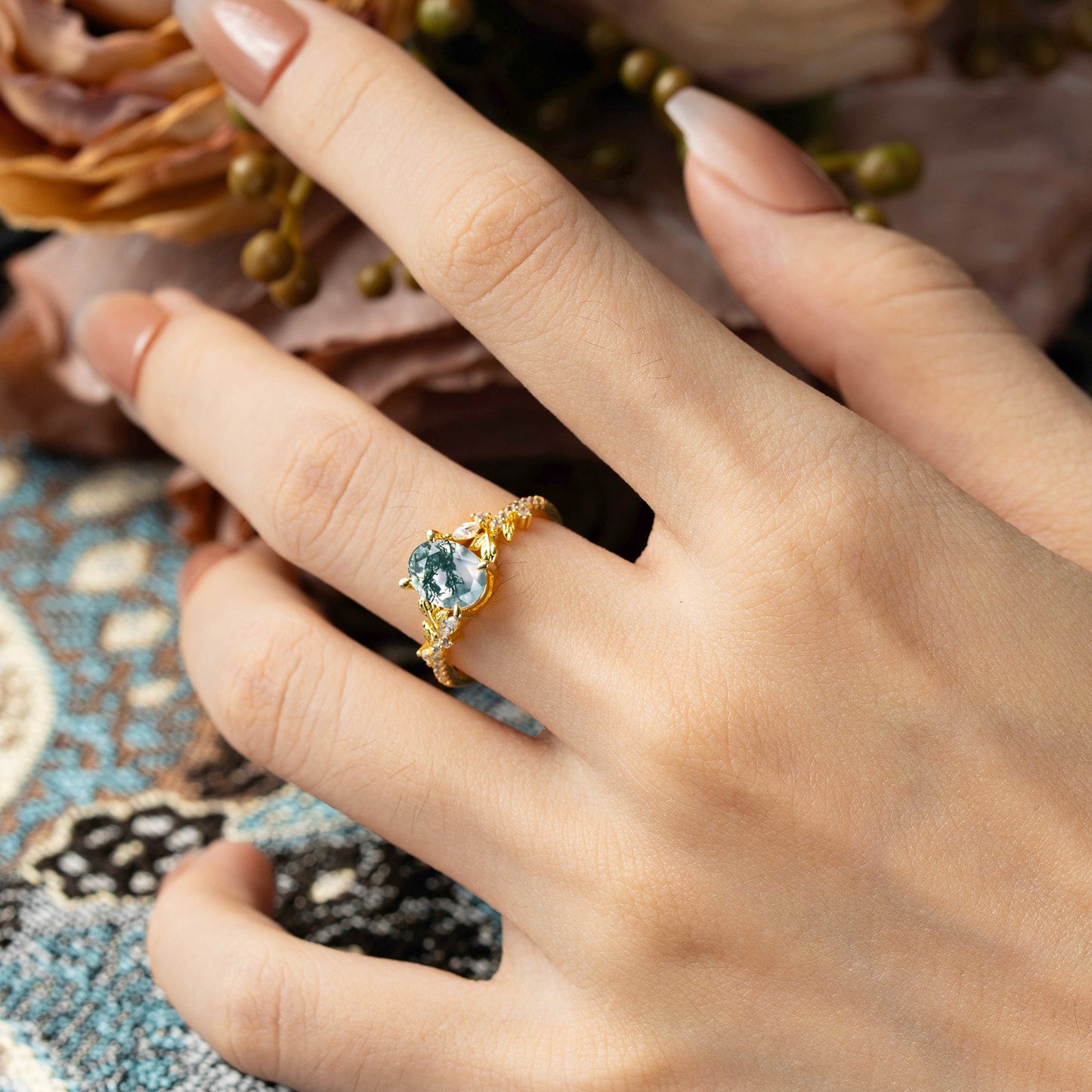 Custom-Made-(3ct) Vintage 4-Prong Oval-Cut Moss Agate Engagement Ring Set