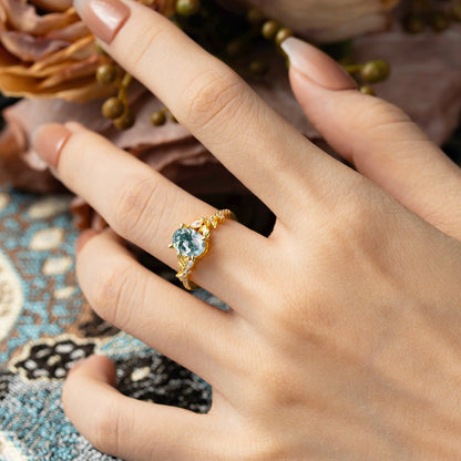 Custom-Made-(3ct) Vintage 4-Prong Oval-Cut Moss Agate Engagement Ring Set