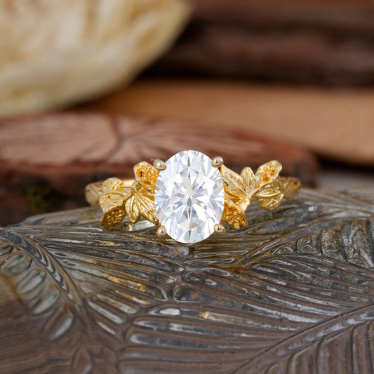 Oval Cut Nature Inspired Leaf Moissanite Engagement Ring