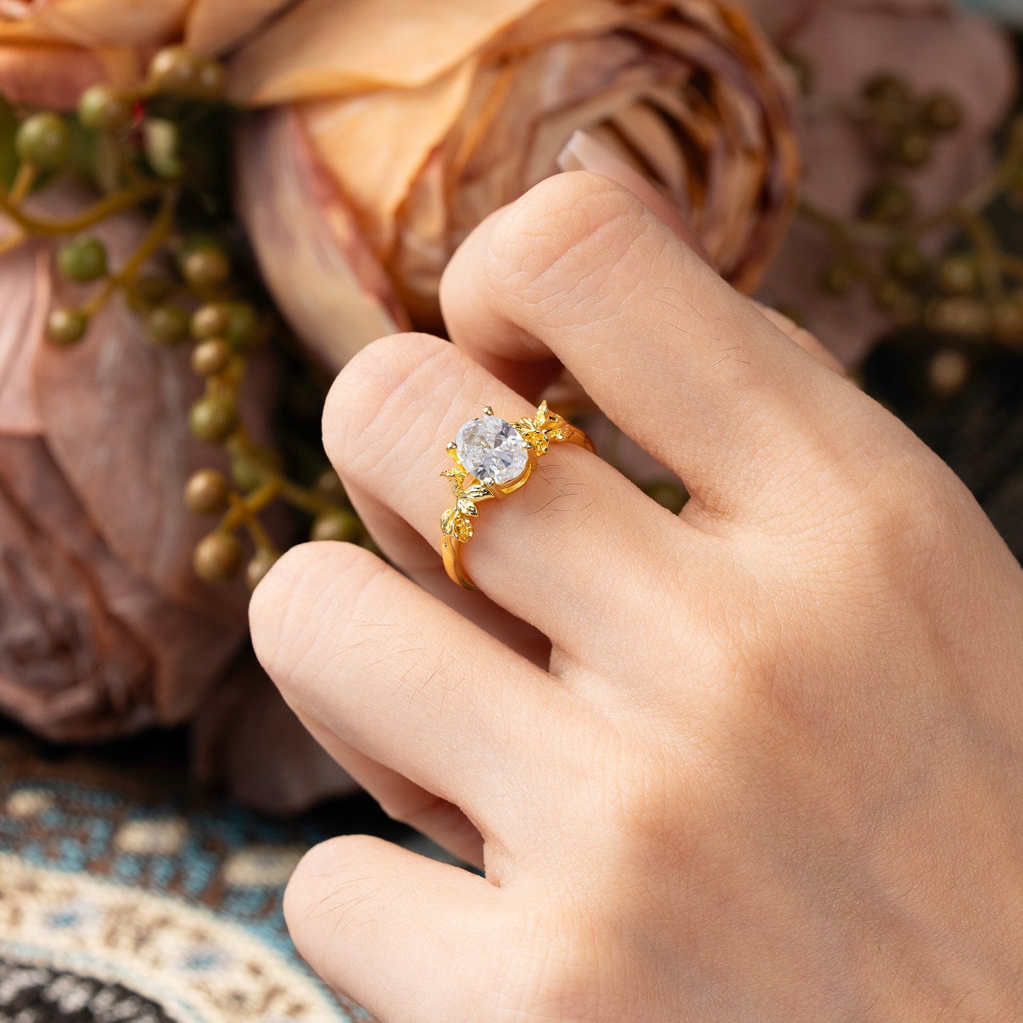 Oval Cut Nature Inspired Leaf Moissanite Engagement Ring