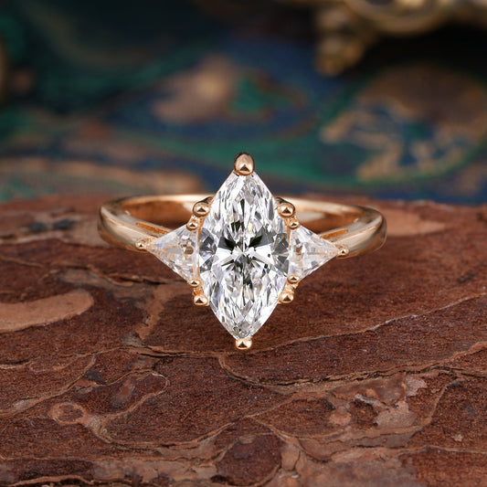 6 Prong Marquise Cut Three Stone Lab Diamond Engagement Ring Anniversary Gift for Women