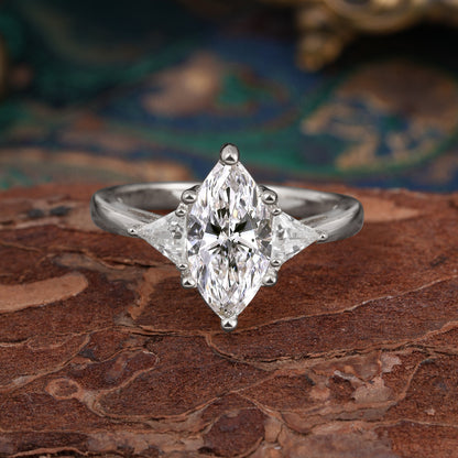 6 Prong Marquise Cut Three Stone Lab Diamond Engagement Ring Anniversary Gift for Women