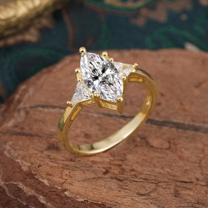 6 Prong Marquise Cut Three Stone Lab Diamond Engagement Ring Anniversary Gift for Women