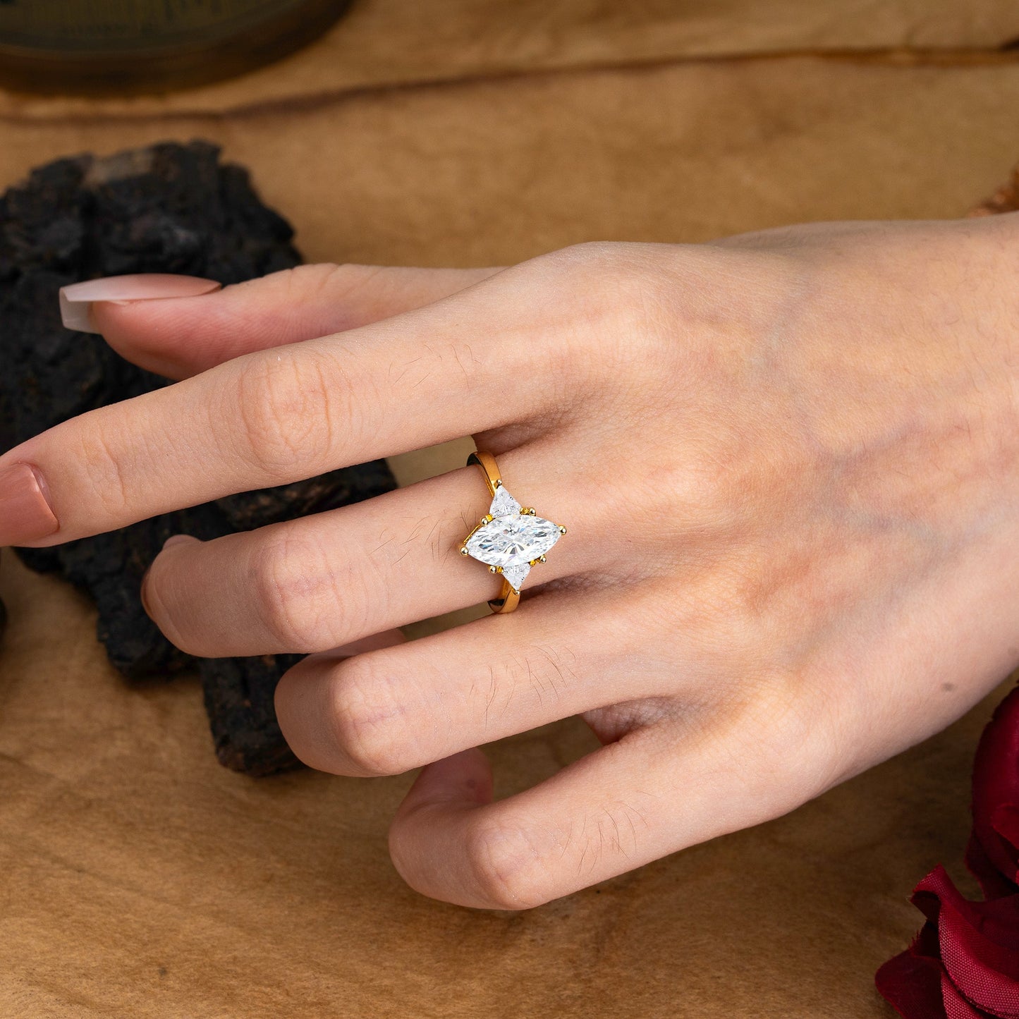 6 Prong Marquise Cut Three Stone Lab Diamond Engagement Ring Anniversary Gift for Women