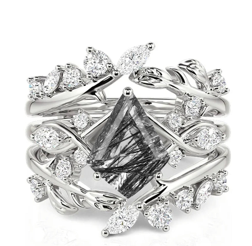 custom made-Kite Shaped Black Rutilated Quartz Bridal Ring Set