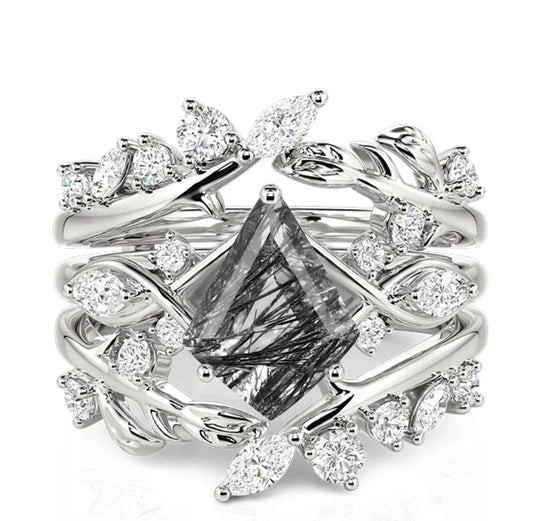custom made-Kite Shaped Black Rutilated Quartz Bridal Ring Set