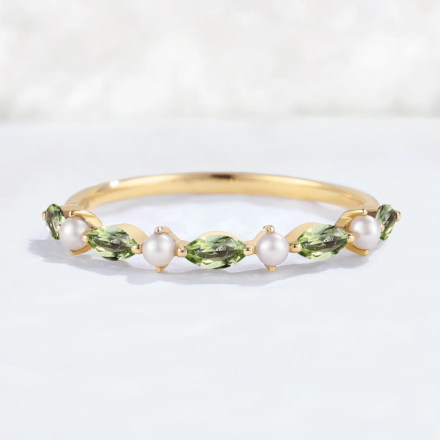 Simple Marquise Cut August Birthstone Peridot with Pearl Stacking Ring